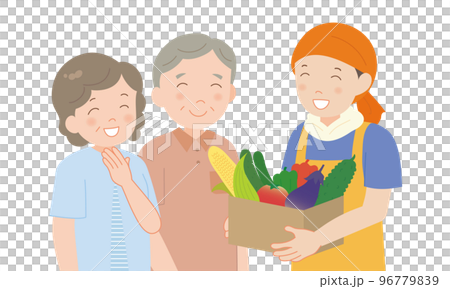 夏野菜の段ボールを持つ男性とシニア夫婦 夏野菜の段ボールを持つ男性とシニア夫婦 96779839