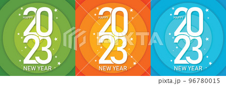 2023 colorful set of Happy New Year posters. Design templates for celebration and season decoration using the typographic logo 2023. Trendy minimal backgrounds for branding, banners, covers 96780015