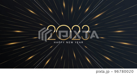 2023 Happy New Year elegant design - vector illustration of golden 2023 logo numbers on black background - perfect typography for 2023 save the date luxury designs and new year celebration. 96780020