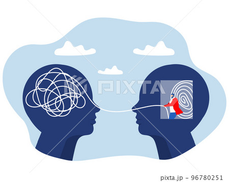 Two human heads silhouette decoding and understanding problem or rational and irrational thinking, conflict. Ordering thoughts into structure  brain mental health psycho therapy concept 96780251