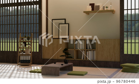 Living room in Traditional Japanese zen style interior with table and cushions on Tatami floor, wood cabinet Living room in Traditional Japanese zen style interior with table and cushions on Tatami floor, wood cabinet 96780446
