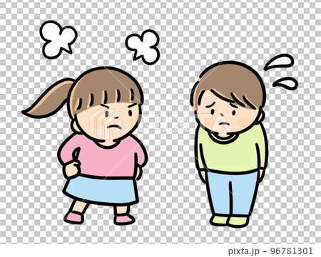 一個生氣的女孩和一個反思的男孩,孩子們打架 一個生氣的女孩和一個反思的男孩,孩子們打架 96781301