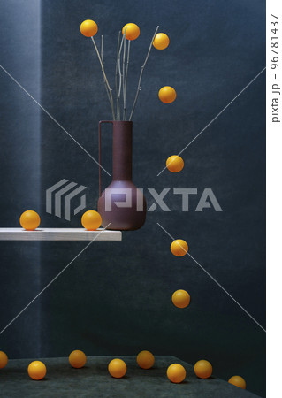 Still life with a vase on the shelf and orange balls 96781437