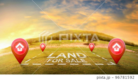 Land plot management - real estate concept with a vacant land on a green field available for building construction and housing. 96781592