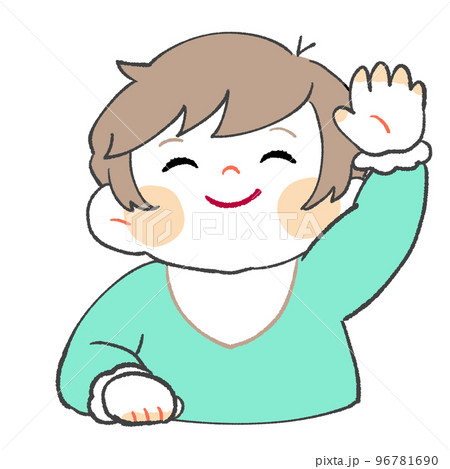 片手を挙げてお返事する笑顔の赤ちゃん（男の子） 96781690