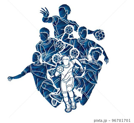 Group of Handball Sport Male Players Team Men Mix Action Cartoon Graphic Vector 96781701