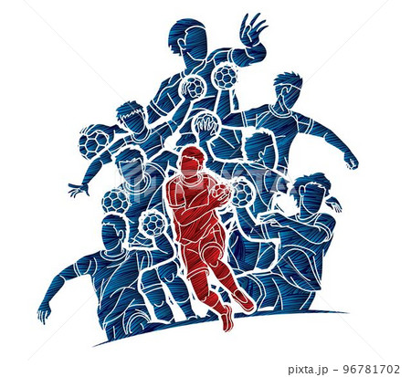 Group of Handball Sport Male Players Team Men Mix Action Cartoon Graphic Vector 96781702