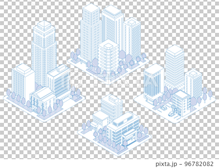 A three-dimensional illustration of a building. A cityscape. A line drawing illustration. A three-dimensional illustration of a building. A cityscape. A line drawing illustration. 96782082