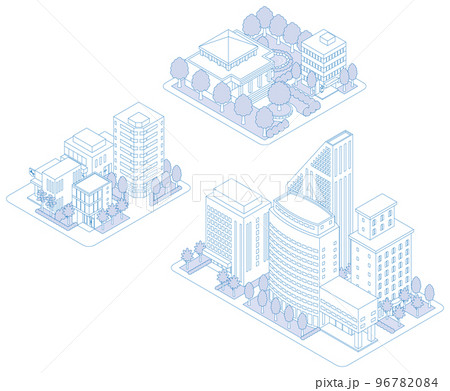 建物の立体的なイラスト. 街並みの景観. 線画のイラスト. 96782084
