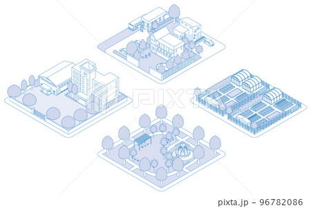 建物の立体的なイラスト. 街並みの景観. 線画のイラスト. 96782086