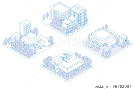 建物の立体的なイラスト. 街並みの景観. 線画のイラスト. 96782087
