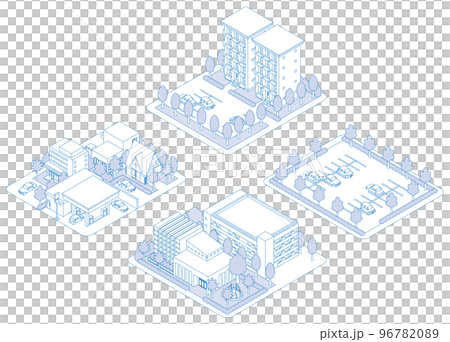 A three-dimensional illustration of a building. A cityscape. A line drawing illustration. 96782089