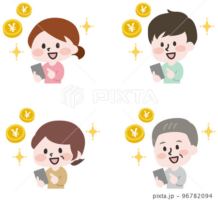 スマホでお小遣い稼ぎをする人物セットのイラスト素材