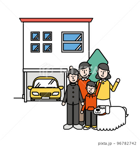 シンプルな住宅と5人家族のイラスト(Hタイプ) シンプルな住宅と5人家族のイラスト(Hタイプ) 96782742