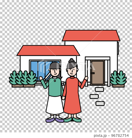 Illustration of a simple house and two women (M type) Illustration of a simple house and two women (M type) 96782754