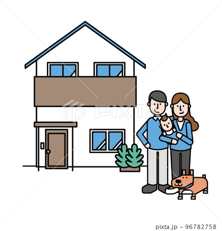 シンプルな住宅と三人家族とペットの犬のイラスト(Qタイプ) シンプルな住宅と三人家族とペットの犬のイラスト(Qタイプ) 96782758