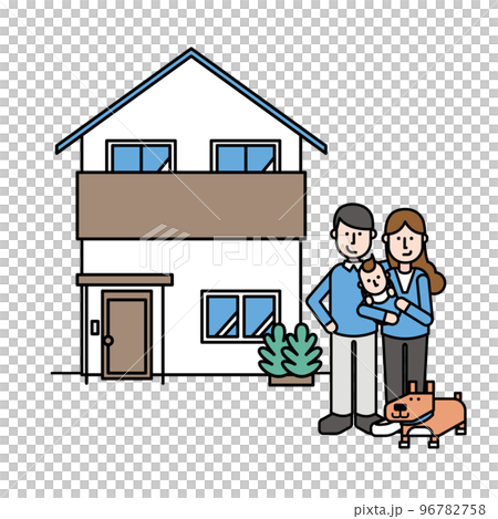 シンプルな住宅と三人家族とペットの犬のイラスト(Qタイプ) シンプルな住宅と三人家族とペットの犬のイラスト(Qタイプ) 96782758