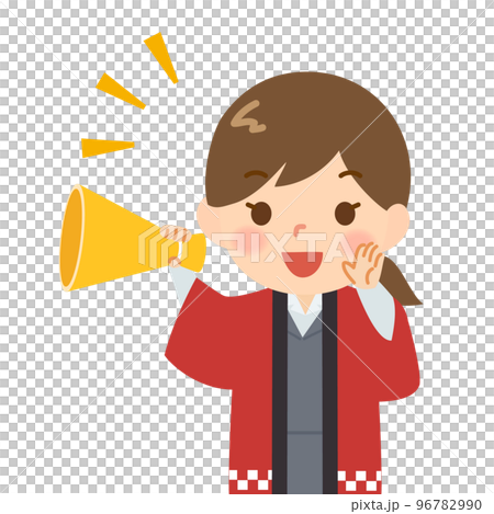 メガホンで呼び込みをする赤い法被の女性スタッフ メガホンで呼び込みをする赤い法被の女性スタッフ 96782990