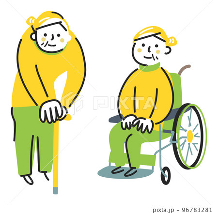 杖をついているお祖母ちゃんと車椅子に座るお祖母ちゃん　シニアライフ　イラスト素材 96783281