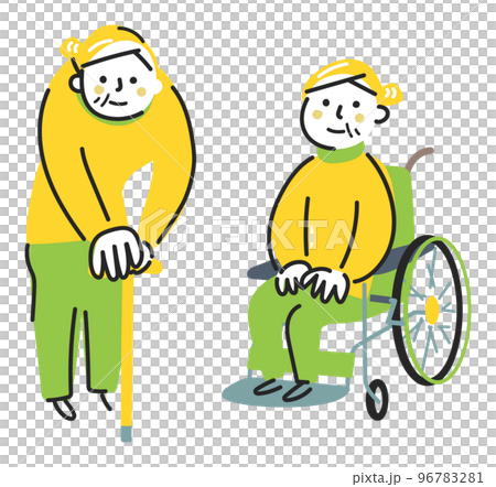 杖をついているお祖母ちゃんと車椅子に座るお祖母ちゃん　シニアライフ　イラスト素材 96783281