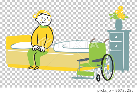 Grandmother sitting on a bed in a room with a wheelchair Senior life Illustration material Grandmother sitting on a bed in a room with a wheelchair Senior life Illustration material 96783283