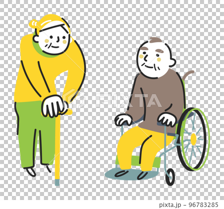 杖をついているお祖母ちゃんと車椅子に座るお祖母ちゃん　シニアライフ　イラスト素材 96783285