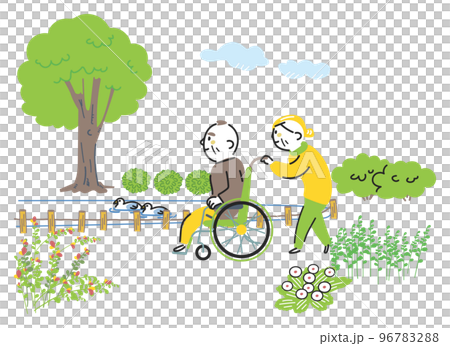 奶奶推著爺爺的輪椅在公園散步高級生活插畫素材 96783288