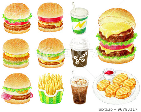 ハンバーガーとサイドメニューのイラストセット 96783317