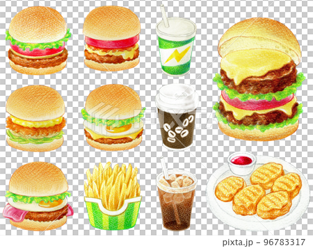 ハンバーガーとサイドメニューのイラストセット 96783317