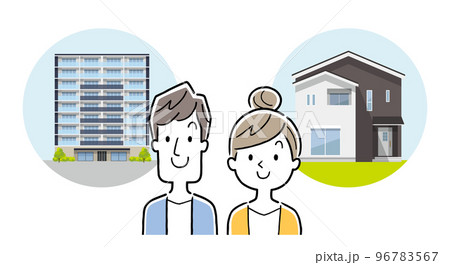 ベクターイラスト素材：一戸建てとマンションを選択する夫婦 96783567