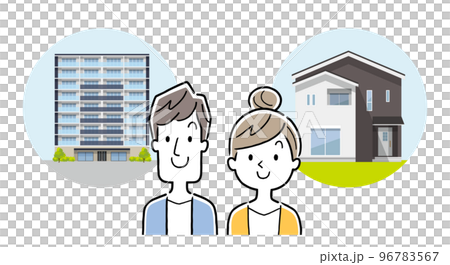 ベクターイラスト素材：一戸建てとマンションを選択する夫婦 96783567