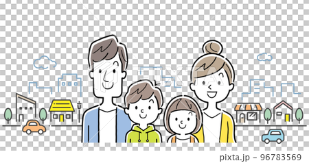 ベクターイラスト素材:4人家族と街の背景 ベクターイラスト素材:4人家族と街の背景 96783569