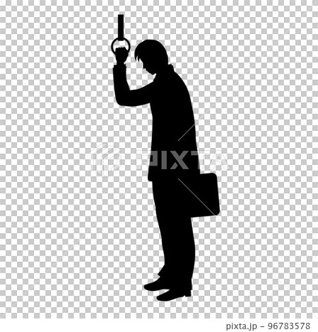 Silhouette illustration of a tired office worker holding on to a strap 96783578
