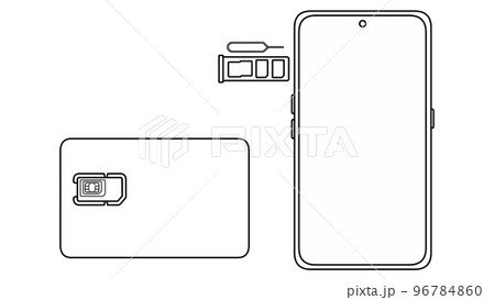 マルチSIMカードとSIMピンとトリプルスロットとスマートフォンの線画 96784860