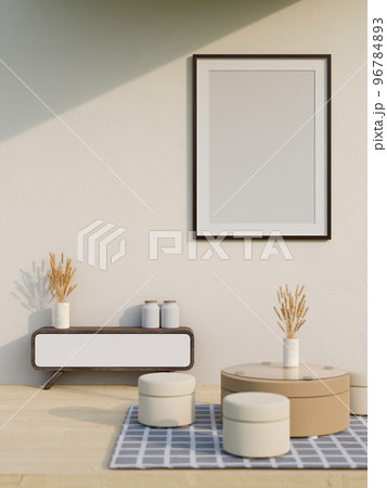 Minimal Scandinavian living room interior with coffee table, poufs, cabinet, frame mockup on white wall 96784893