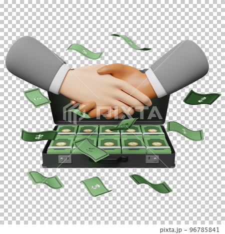 3d pile dollar banknote in black briefcase with handshake isolated. investment or business finance concept, 3d render illustration 96785841