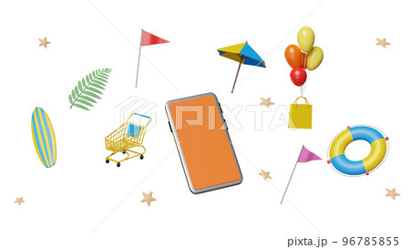 3d mobile phone, smartphone with umbrella, balloon, starfish, cart, palm, shopping paper bags, lifebuoy, flags isolated. online shopping summer sale concept, 3d render illustration 3d mobile phone, smartphone with umbrella, balloon, starfish, cart, palm, shopping paper bags, lifebuoy, flags isolated. online shopping summer sale concept, 3d render illustration 96785855