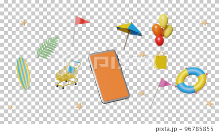 3d mobile phone, smartphone with umbrella, balloon, starfish, cart, palm, shopping paper bags, lifebuoy, flags isolated. online shopping summer sale concept, 3d render illustration 3d mobile phone, smartphone with umbrella, balloon, starfish, cart, palm, shopping paper bags, lifebuoy, flags isolated. online shopping summer sale concept, 3d render illustration 96785855