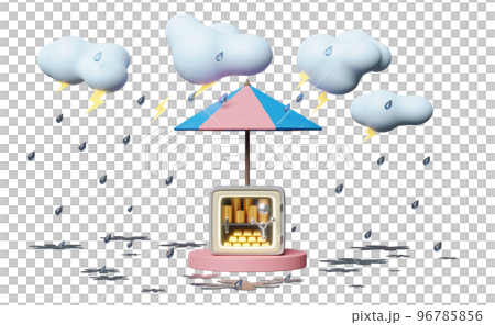 stage podium with safe box ,umbrella, cloud, drop rain water, thunder isolated. protection and security business banking, saving money concept, 3d illustration or 3d render stage podium with safe box ,umbrella, cloud, drop rain water, thunder isolated. protection and security business banking, saving money concept, 3d illustration or 3d render 96785856