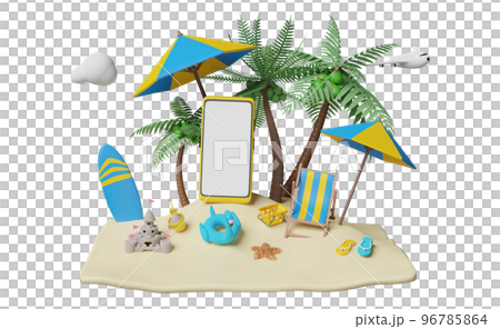 mobile phone, smartphone with palms, beach chair, island, umbrella, sandals, plane, surfboard, Inflatable flamingo, sand castle, summer travel vacation concept, 3d illustration or 3d render mobile phone, smartphone with palms, beach chair, island, umbrella, sandals, plane, surfboard, Inflatable flamingo, sand castle, summer travel vacation concept, 3d illustration or 3d render 96785864