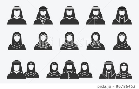 Arabic man and woman glyph icons set. Vector illustration. Arabic man and woman glyph icons set. Vector illustration. 96786452