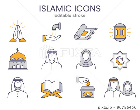 Arabic icons, such as islam, quran, people, muslim, lantern and more. Editable stroke. Arabic icons, such as islam, quran, people, muslim, lantern and more. Editable stroke. 96786456