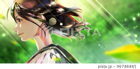 横顔の女学生イラストのカラー、新緑背景、右スペースあり、逆光 横顔の女学生イラストのカラー、新緑背景、右スペースあり、逆光 96786885