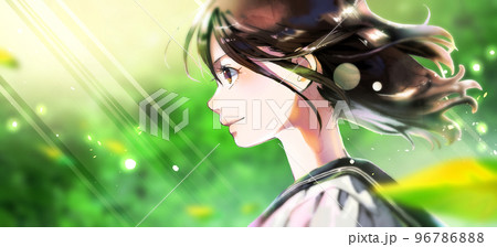 横顔の女学生イラストのカラー、新緑背景、左スペースあり 96786888