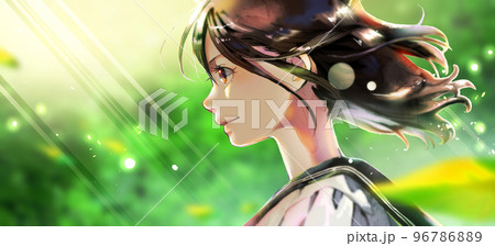 横顔の女学生イラストのカラー、新緑背景、左スペースあり、逆光 96786889