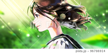 横顔の女学生イラストのカラー、新緑背景、人物中央  96786914
