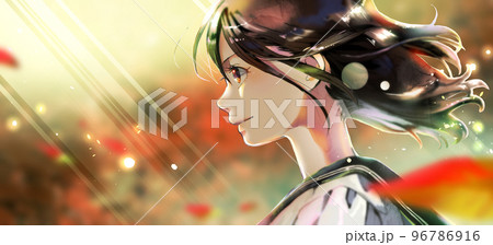 横顔の女学生イラストのカラー、紅葉背景、左スペースあり 、逆光 96786916