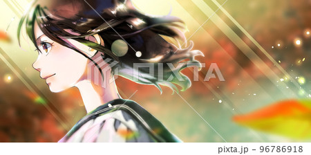 横顔の女学生イラストのカラー、紅葉背景、右スペースあり  96786918