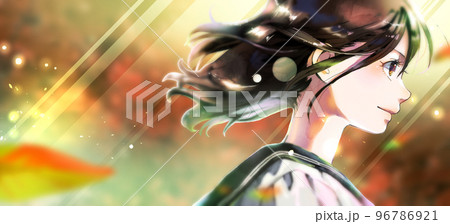 横顔の女学生イラストのカラー、紅葉背景、左スペースあり 、右向き 96786921