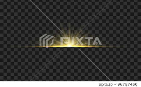 Golden glowing light. Gold glow flash with sparcle. Vector sunrise effect. Realistic shiny beam set 96787460